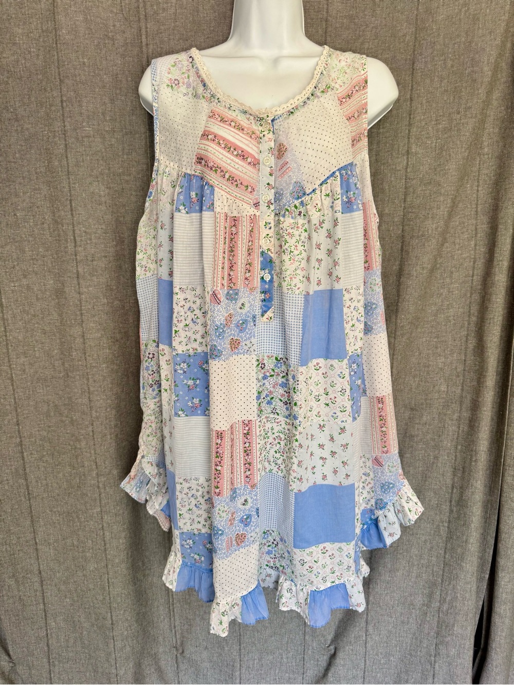 Vintage Cottagecore Patchwork Print Sleeveless Sleep Dress Cotton Blend L/XL ove